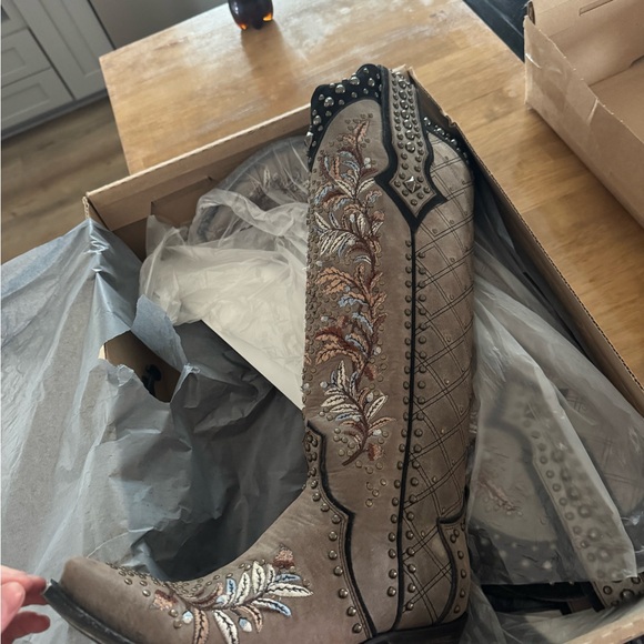 DOUBLE D Ranch Embroidered Studded Western Boots - Taupe - Picture 2 of 5